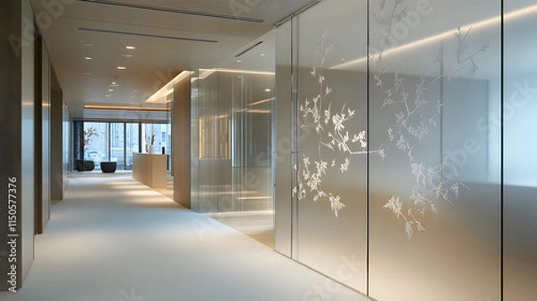 Obraz A sleek minimalist space with a hand-drawn symbol etched on a glass partition.