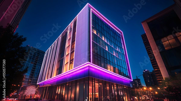 Obraz A sleek modern hotel glowing with white and purple lights in a bustling city.