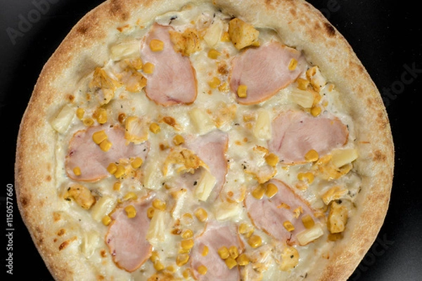 Fototapeta details of the pizza application; juicy pizza from the oven with mushrooms, tomatoes and bacon and sprinkled with parmesan cheese