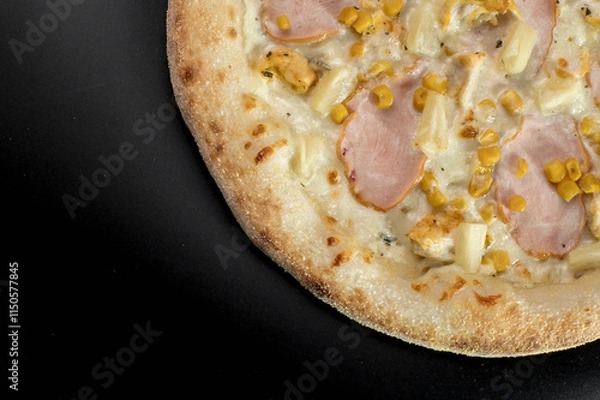 Fototapeta details of the pizza application; juicy pizza from the oven with mushrooms, tomatoes and bacon and sprinkled with parmesan cheese