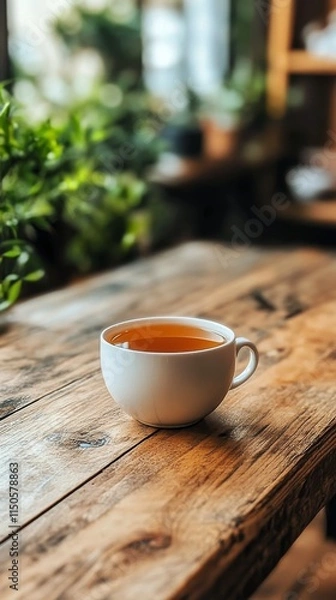 Fototapeta Delightful cup of tea resting on rustic wooden table near a window with greenery