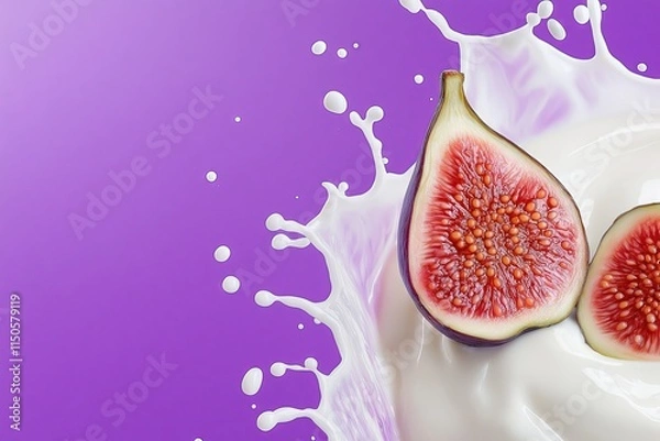Fototapeta Two Vibrant Fig Slices Resting on a Yogurt Splash Against a Purple Background - Space for text