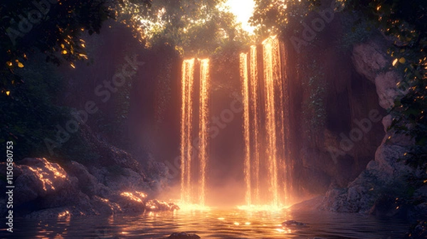 Obraz A surreal canyon with glowing waterfalls and radiant vines wrapping the walls.