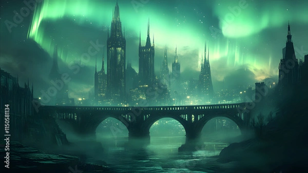 Obraz A surreal cityscape with twisting spires and glowing bridges under an aurora sky.