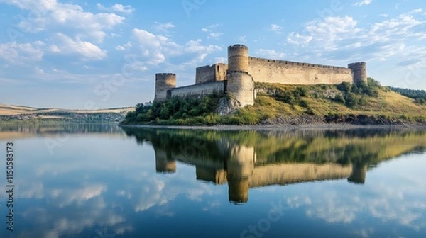 Fototapeta Majestic Stone Fortress Reflecting on a Serene Lake