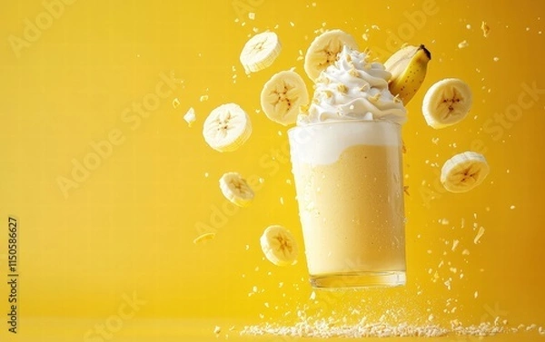 Fototapeta A banana milkshake levitating mid-air with banana slices and whipped cream, on a sunny yellow background
