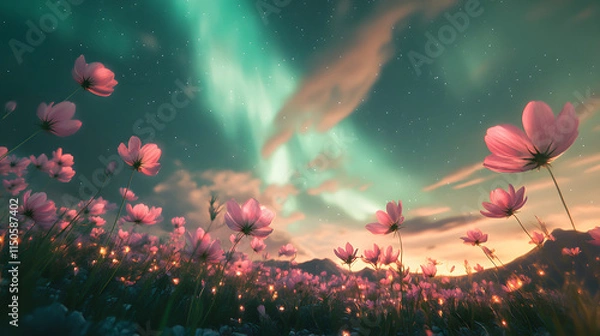 Obraz A vast field of glowing flowers under a swirling aurora sky.