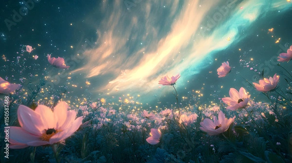Obraz A vast field of glowing flowers under a swirling aurora sky.