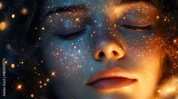 Obraz A blissful face with closed eyes surrounded by soft glowing stars.