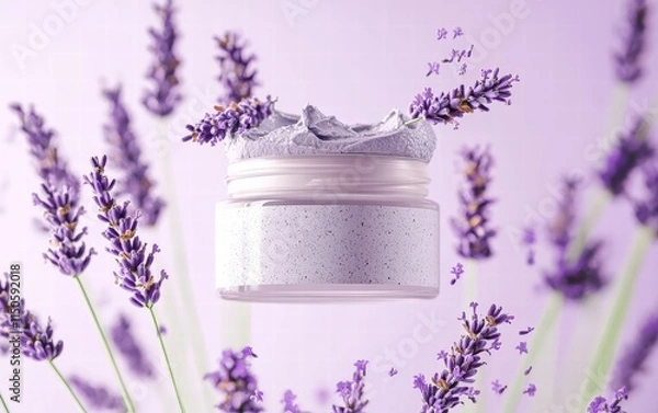 Obraz A lavender-scented clay mask in a jar, floating mid-air with lavender sprigs and calming tones, on a pastel purple background