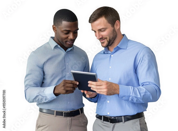 Fototapeta Two diverse business partners standing and discussing project working together on a transparent background
