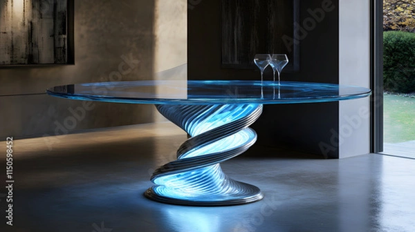Obraz A futuristic dining table with a translucent glowing surface supported by a spiral metal base.