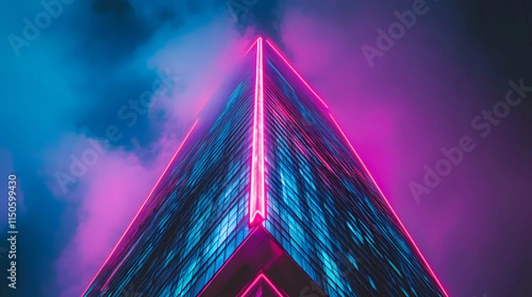 Obraz A futuristic skyscraper lit with shifting neon lights in vivid colors.