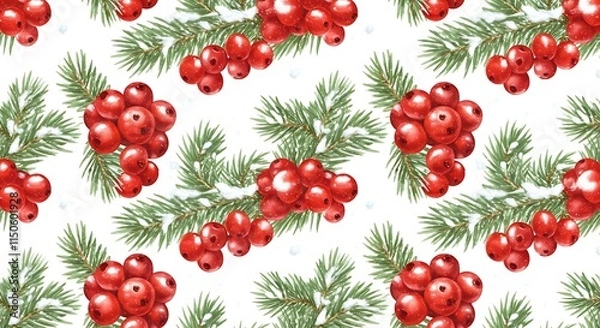 Fototapeta Festive Christmas winter seamless pattern.  Watercolor red berries and pine branches with snow.