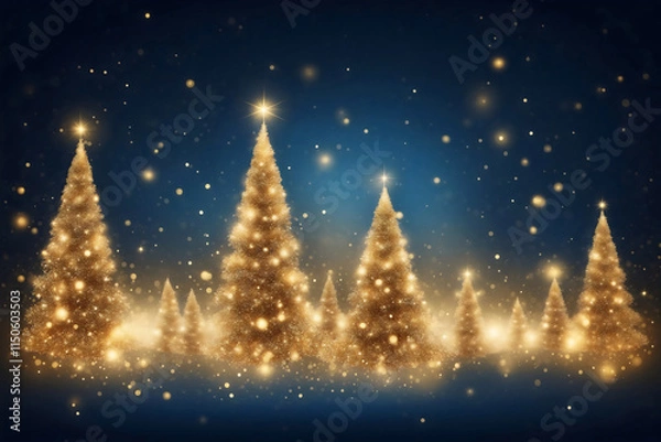 Fototapeta Abstract golden stardust Christmas trees silhouette stand out against a bright blue bokeh lights background, adding a touch of elegance to the holiday seaso, Christmas and New Year style wallpaper