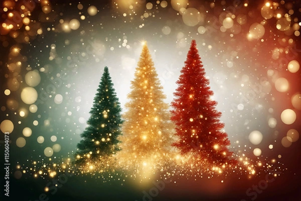 Fototapeta A cluster of A festive abstract of a golden stardust Christmas trees in vibrant red, green, and white style, sparkles amidst a in backdrop, magical array of bokeh lights on glitter background
