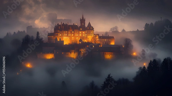 Obraz A medieval castle lit with warm golden spotlights atop a misty hill.