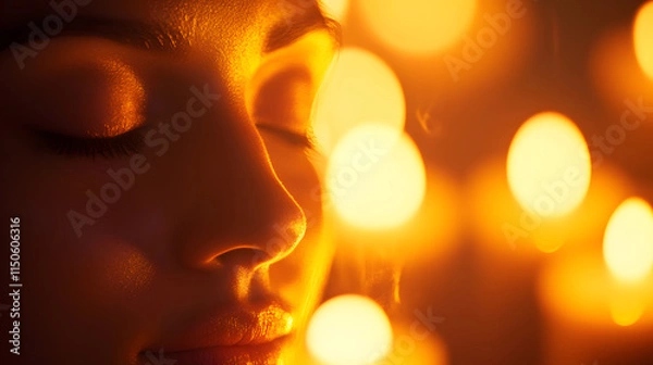 Obraz A meditative face with closed eyes softly lit by flickering candlelight.