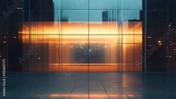 Obraz A minimalist glass building reflecting glowing city lights in a quiet urban setting.
