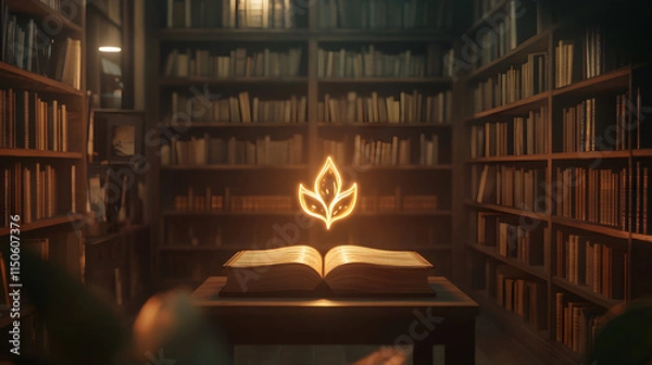 Obraz A minimalist library with a glowing hand-drawn symbol on a central bookstand.
