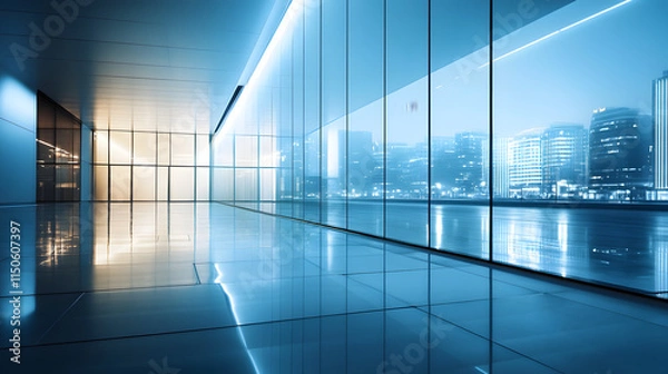Fototapeta A minimalist glass building reflecting glowing city lights in a quiet urban setting.