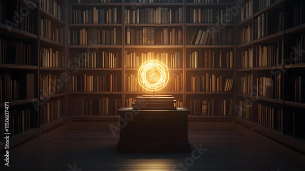 Obraz A minimalist library with a glowing hand-drawn symbol on a central bookstand.