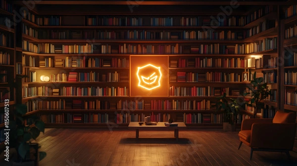 Obraz A minimalist library with a glowing hand-drawn symbol on a central bookstand.