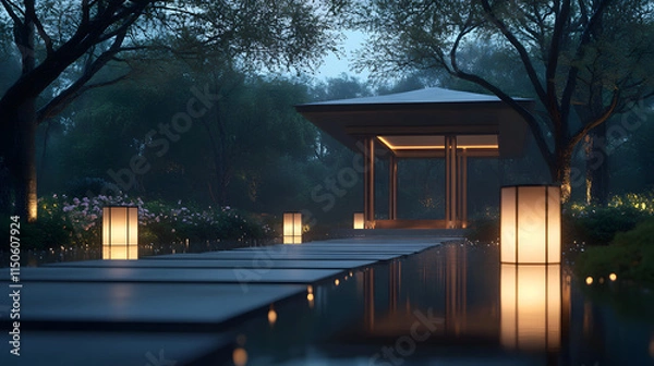 Obraz A minimalist pavilion surrounded by glowing pathways and soft lanterns under the night sky.