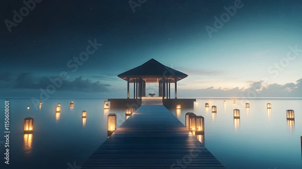Obraz A minimalist pavilion surrounded by glowing pathways and soft lanterns under the night sky.