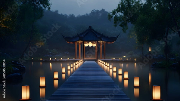 Obraz A minimalist pavilion surrounded by glowing pathways and soft lanterns under the night sky.