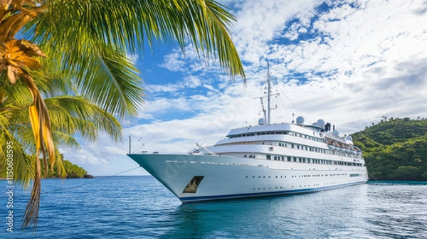 Fototapeta Cruise liner in ocean, modern white ship, luxury sailboat moored in sea harbor tropical island with palm trees and sandy beach. Passenger vessel on water surface at summer, Cartoon vector illustration