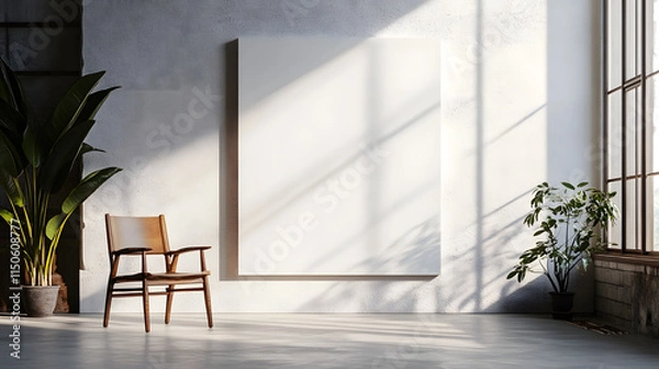 Fototapeta A minimalist studio with a hand-drawn symbol centered on a large white canvas.
