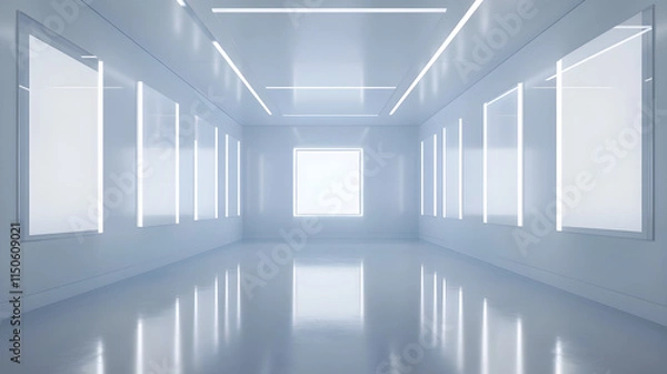 Obraz A minimalistic art gallery glowing with soft white lights framed by reflective glass panels.