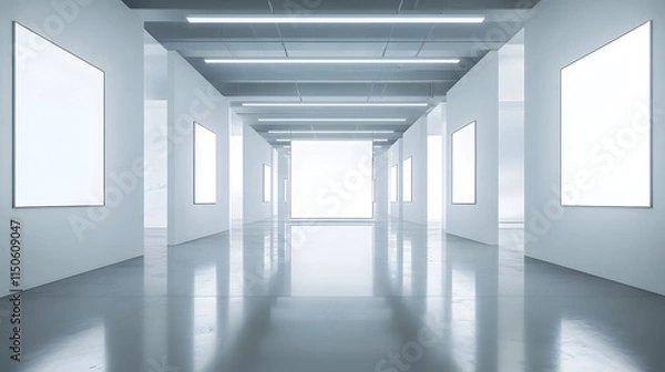 Obraz A minimalistic art gallery glowing with soft white lights framed by reflective glass panels.