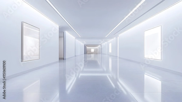 Obraz A minimalistic art gallery glowing with soft white lights framed by reflective glass panels.