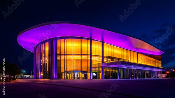 Obraz A modern performing arts center glowing with vibrant purple and yellow lights.