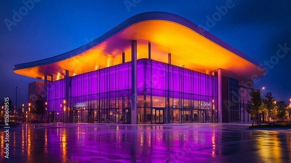 Obraz A modern performing arts center glowing with vibrant purple and yellow lights.
