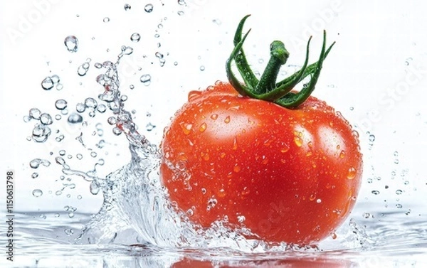 Fototapeta A fresh red tomato floating mid-air with a splash of water droplets, isolated on a bright white background