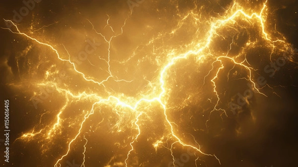 Fototapeta Lightning effect, thunderstorm, gold or yellow electric thunderbolt storm strikes. Isolated powerful electrical discharge, bolt, impact, crack, magical energy flash, Realistic 3d vector illustration