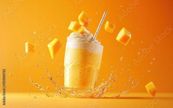 Fototapeta A mango milkshake levitating mid-air with fresh mango chunks and a straw, on a bright orange background