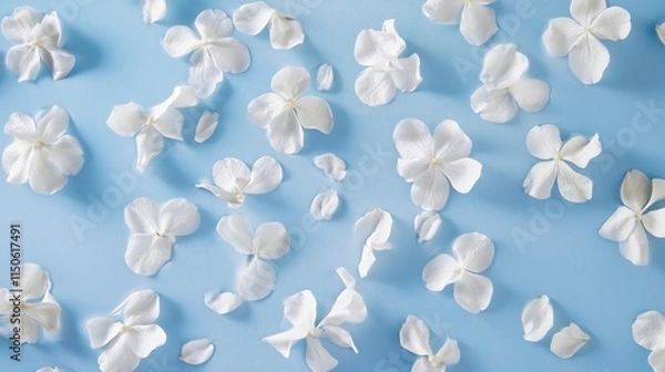Fototapeta A beautiful arrangement of white flower petals scattered on a light blue background, creating a serene and delicate ambiance.