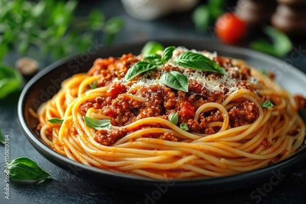 Obraz Delicious Spaghetti Bolognese with Parmesan Cheese and Basil