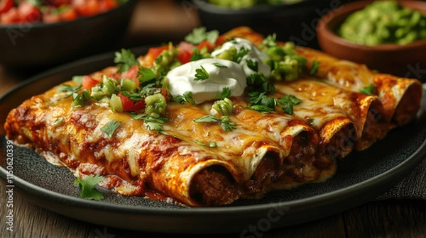Fototapeta Delicious Homemade Beef Enchiladas with Toppings