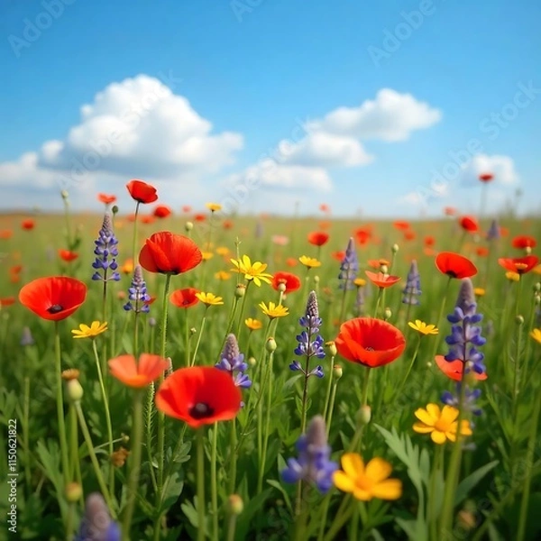 Fototapeta field of poppies and sky nature background