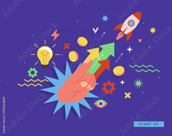 Obraz The rocket is launched towards the target pointed at by the hand. Bright concept of startup, service launch,startup, development with symbols of new business. Vector for web, banner,flyer,social media
