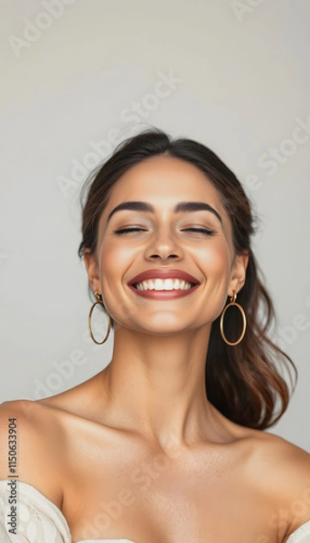 Obraz Serene Brunette Woman with Closed Eyes Smiling, Natural Beauty and Joy, Close-up Portrait with Off-Shoulder Top and Gold Hoop Earrings, Peaceful Expression, Glowing Skin and Contentment