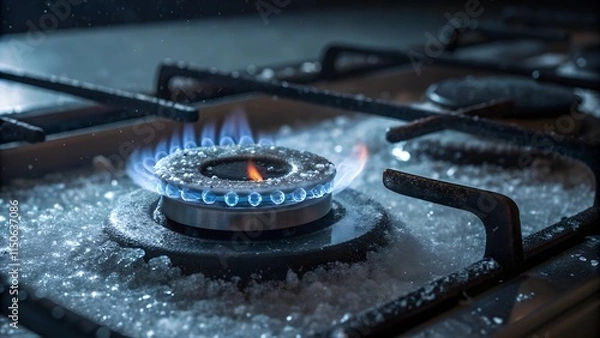 Fototapeta A close-up view of a gas stove burner with icy frost and frozen crystals instead of flames, glowing in the dark. Gas disconnection.