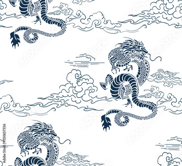 Obraz dragon  japanese chinese vector design seamless pattern