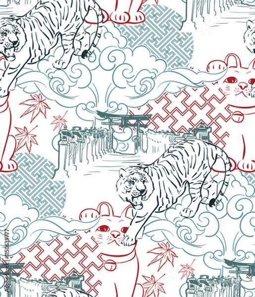 Obraz tiger neko cat temple gate clouds ornate collage japanese chinese vector design seamless pattern