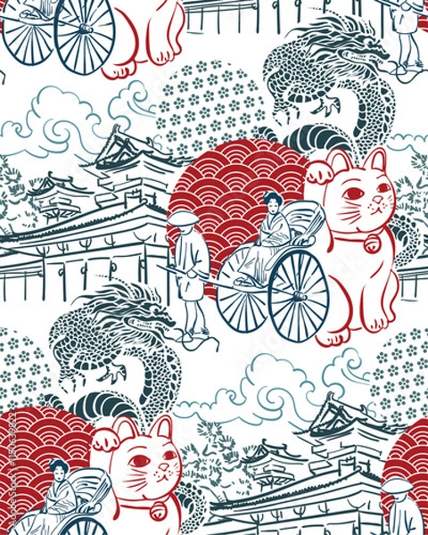 Obraz Rickshaw dragon Buddhism Shintoism temple collage japanese chinese vector design seamless pattern